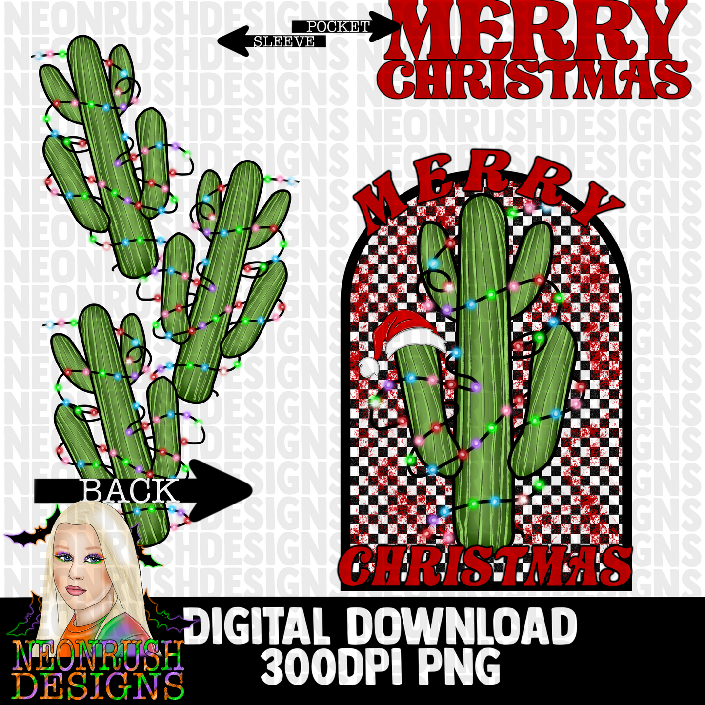 Cactus Christmas , pocket, back and sleeve png digital download